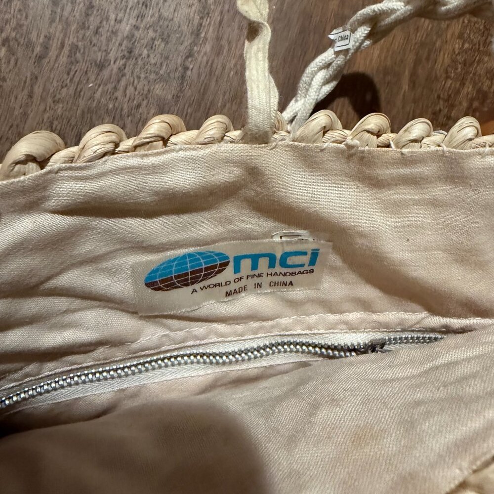 Vintage Woven Straw Shoulder Bag Floral Embroidery Rope Strap Lined Zipper Tote - Picture 8 of 8